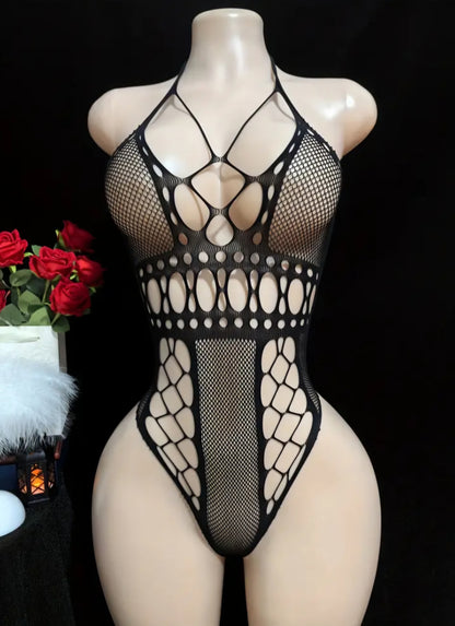 Daringly Sheer: 1pc Sexy Halter Neck Lace Mesh Hollow-Out Bodysuit Lingerie - One Size