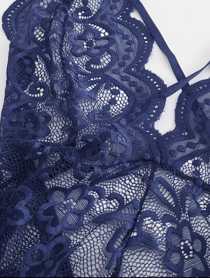 Navy Midnight Lace Seduction Jumpsuit – Backless Hollow-Out Teddy with Scalloped Trim. Size S.