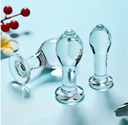Glass Butt Plug Training Kit for Beginners, 3 Pcs Crystal Anal Plug Set Clear Buttplugs for Couples Gay Lesbian Play, Glass Sex Toys for Adult Couple Women Men Lesbian Gay