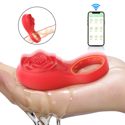 Rose-Shaped App-Controlled Vibrating Cock Ring Penis Ring with Clitoral Massager