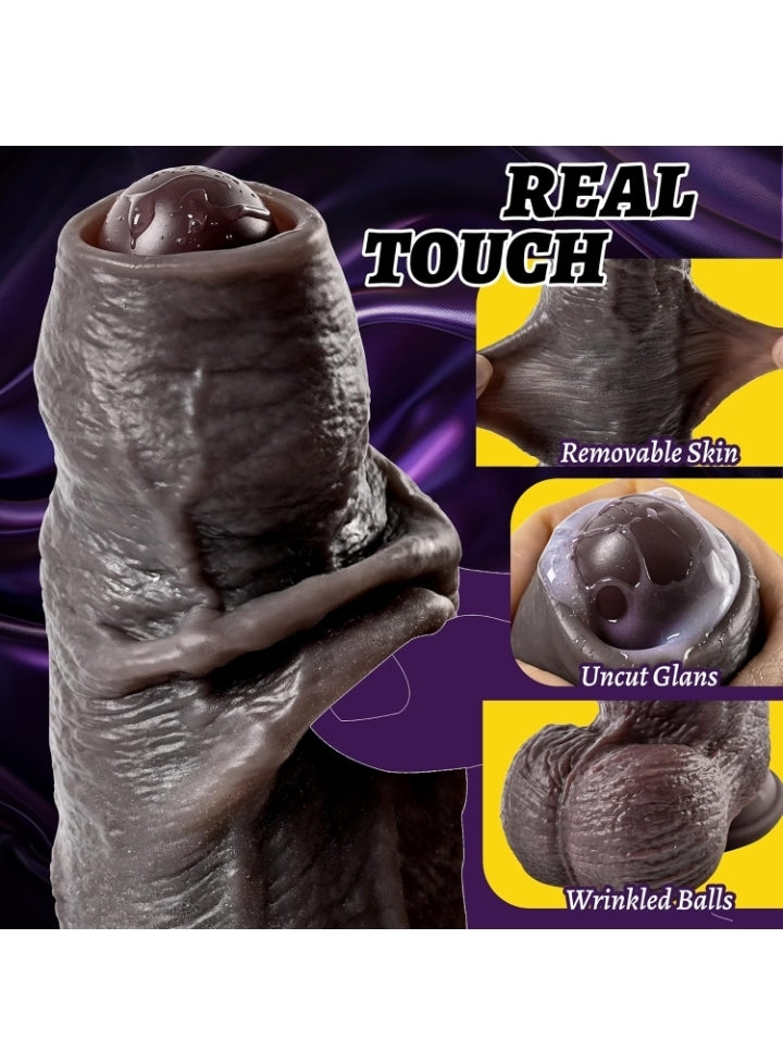 2.4IN Diameter Huge BBC Uncut Dildo, Realistic Big Black Dildo with Movable Foreskin, Real Skin Thick Fake Penis G-Spot Stimulation Adult Sex Toys for Men/Women for Anal Play with Strong Suction Cup