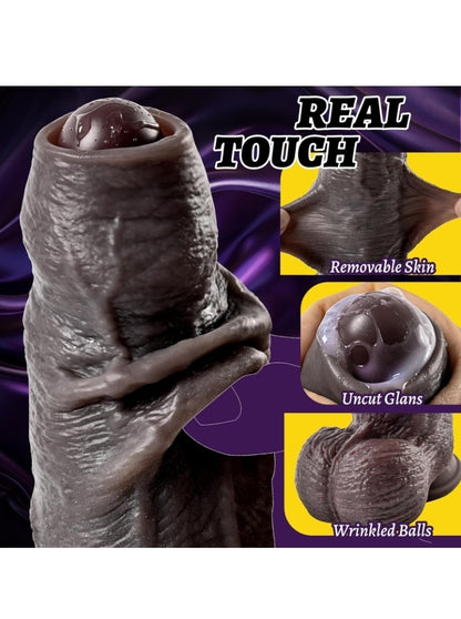 2.4IN Diameter Huge BBC Uncut Dildo, Realistic Big Black Dildo with Movable Foreskin, Real Skin Thick Fake Penis G-Spot Stimulation Adult Sex Toys for Men/Women for Anal Play with Strong Suction Cup