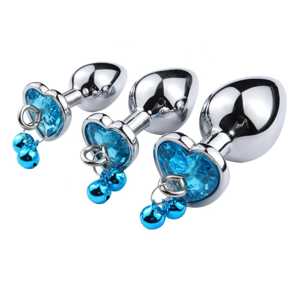 3-Piece Stainless Steel Heart Gem Butt Plug Set with Danging Bells (S, M, L)