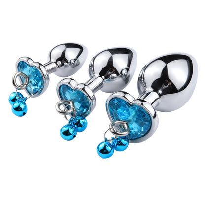 3-Piece Stainless Steel Heart Gem Butt Plug Set with Danging Bells (S, M, L)