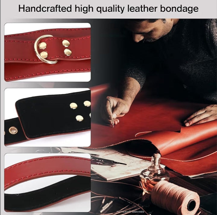 BDSM Sex Bondage Restraint Kit – Adjustable Leather Handcuffs, Thigh Cuffs, Collar with Nipple Clamps & Chains – Comfortable SM Gear Gifts for Women Couples Beginners