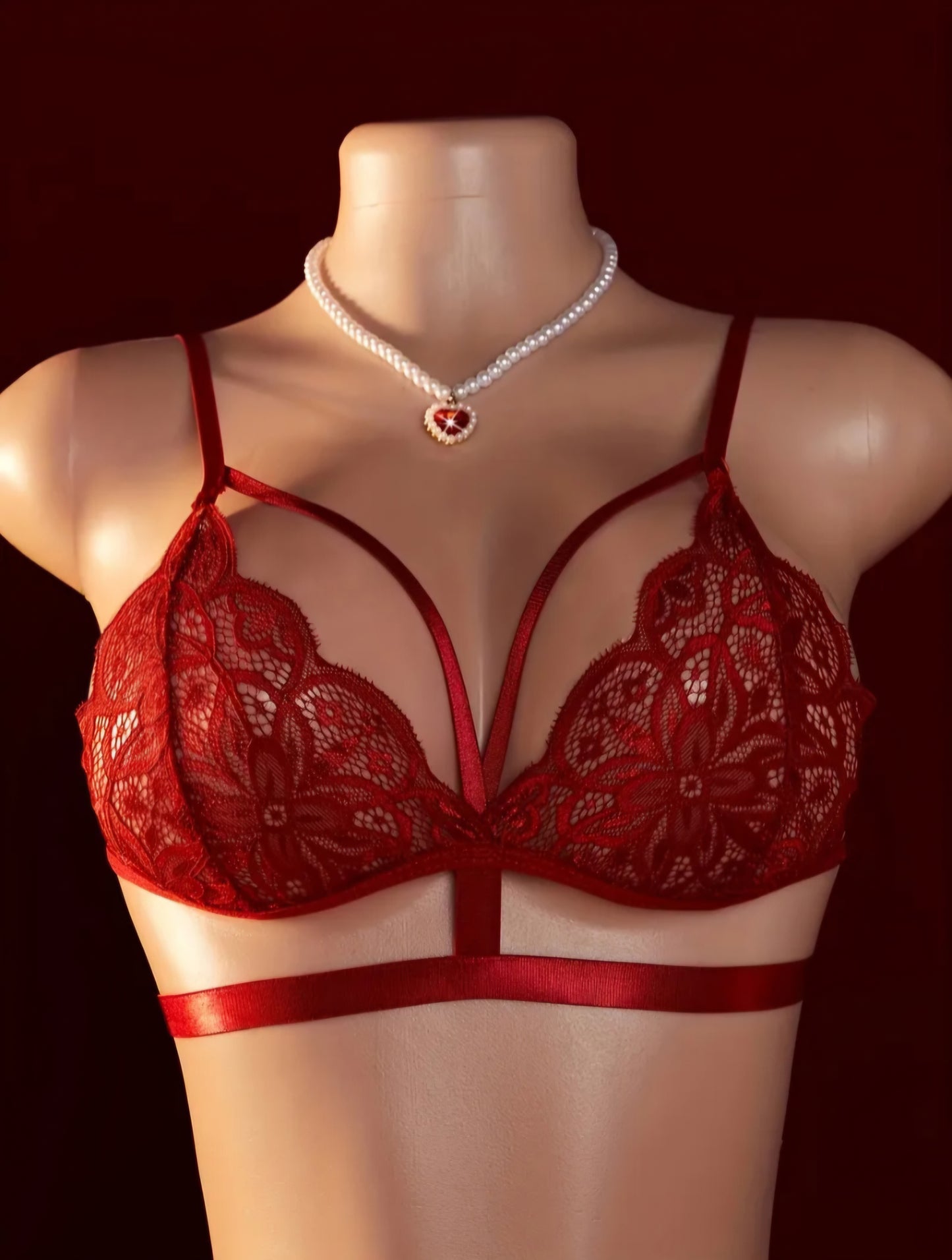 Radiant in Red: Contrast Lace & Sheer Mesh Lingerie Set. Size L.
