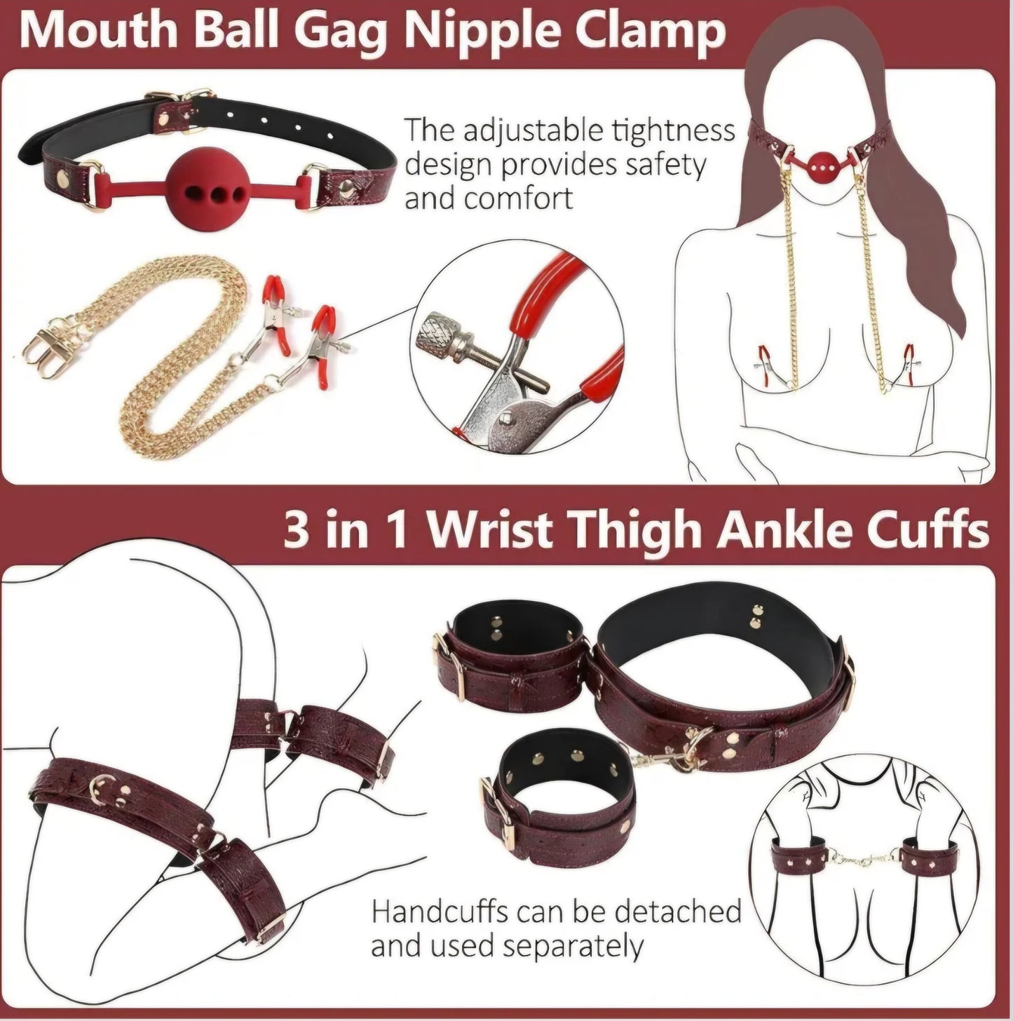BDSM Kit Sex Bondage Restraints, 5Pcs Bondage Set Couple Sex Toys with Adjustable Red Leather Ankle Thigh Sex Cuffs & Handcuffs, BDSM Sex Restraints Adult Toy AMA