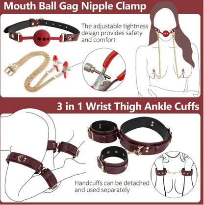 BDSM Kit Sex Bondage Restraints, 5Pcs Bondage Set Couple Sex Toys with Adjustable Red Leather Ankle Thigh Sex Cuffs & Handcuffs, BDSM Sex Restraints Adult Toy AMA