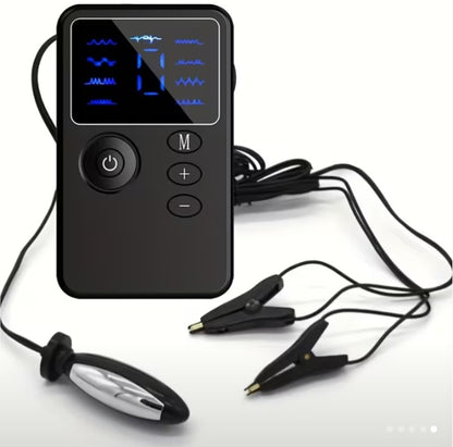 4-Piece Electric Shock Pulse Stimulation Kit with Nipple Clips, Metal Plug, and Digital Power Unit