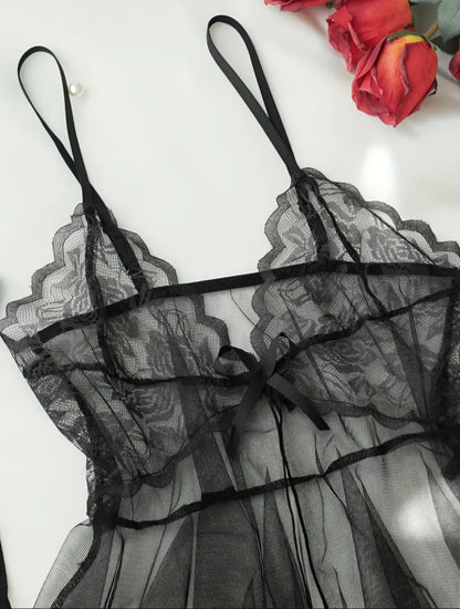 Midnight Bloom Sheer Lace Babydoll – Tiered Mesh Camisole Nightgown with Matching Thong. Size L.