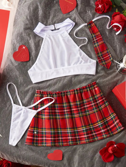 Playful Schoolgirl Lingerie Set – 4-Piece Plaid Role-Play Uniform with Halter Top & Necktie.  Size M.