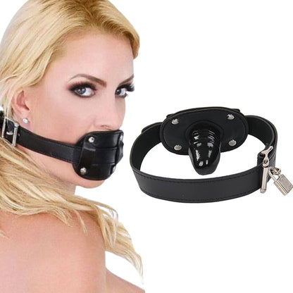 Premium Adjustable Leather Strap Gag Mouth Gag Penis with 3.9" (10cm) Phallic Silicone Gag — Lockable BDSM Restraint Harness (Black)