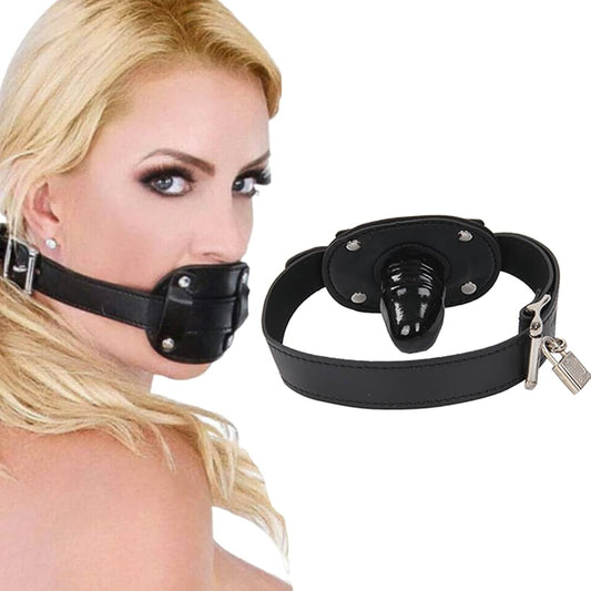 Premium Adjustable Leather Strap Gag Mouth Gag Penis with 3.9" (10cm) Phallic Silicone Gag — Lockable BDSM Restraint Harness (Black)