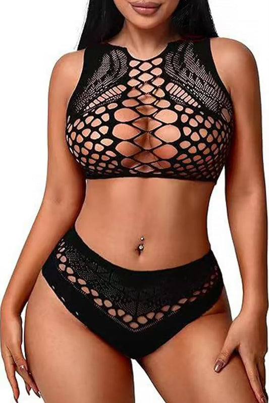 Sexy Rhinestone Lingerie Set for Women, Halter Top, Mini Skirt, Lace, Bunny Tail, and Matching Gloves (black, fishnet)