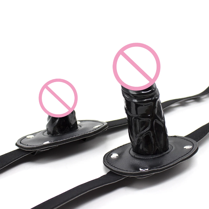 Premium Adjustable Leather Strap Gag Mouth Gag Penis with 3.9" (10cm) Phallic Silicone Gag — Lockable BDSM Restraint Harness (Black)