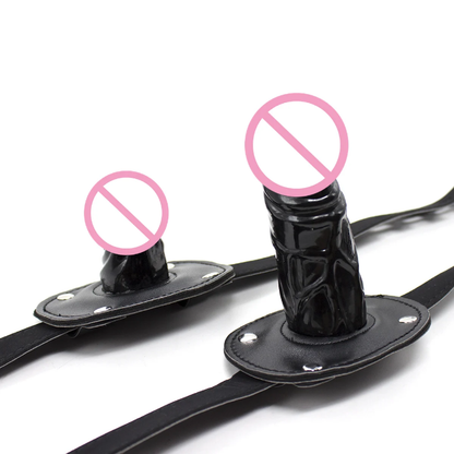 Premium Adjustable Leather Strap Gag Mouth Gag Penis with 3.9" (10cm) Phallic Silicone Gag — Lockable BDSM Restraint Harness (Black)
