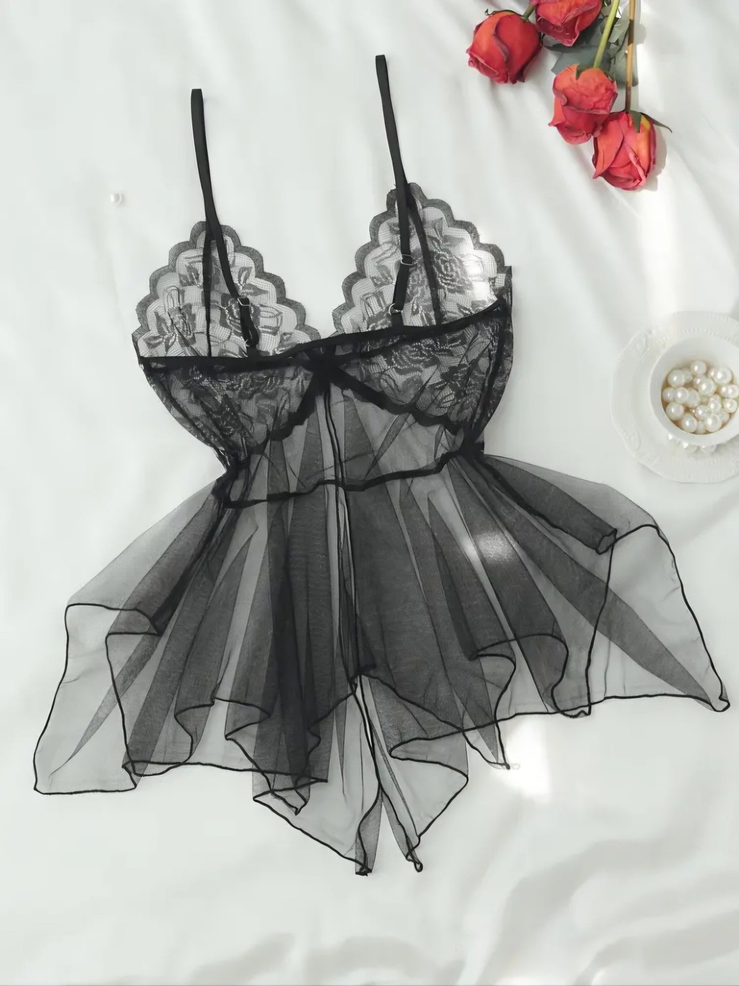 Midnight Bloom Sheer Lace Babydoll – Tiered Mesh Camisole Nightgown with Matching Thong. Size L.
