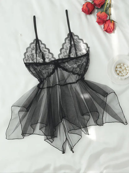 Midnight Bloom Sheer Lace Babydoll – Tiered Mesh Camisole Nightgown with Matching Thong. Size L.