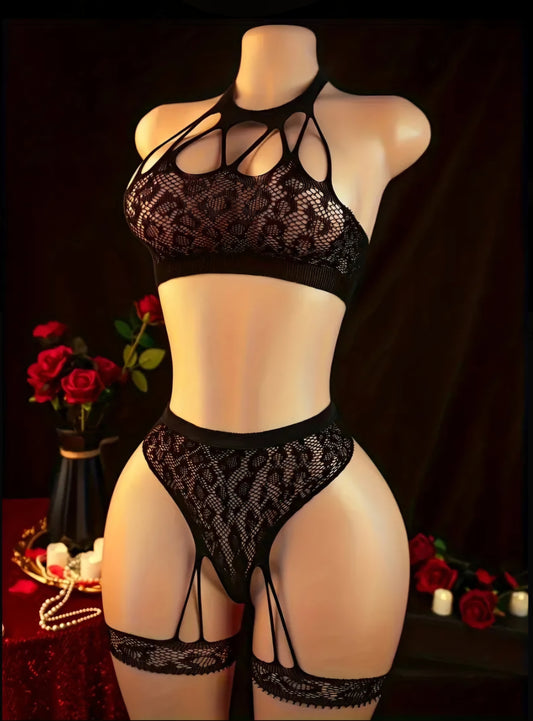 Floral Cutout Lingerie Set. One Size