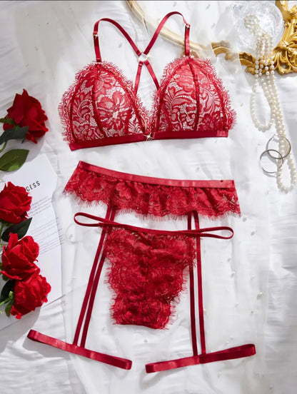 🌹 Sensual 3-Piece Red Eyelash Lace Lingerie Set - Size M 🌹