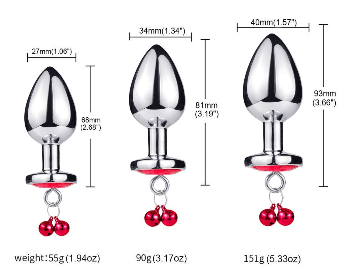 3-Piece Stainless Steel Heart Gem Butt Plug Set with Danging Bells (S, M, L)