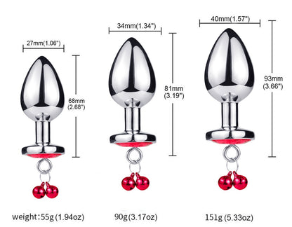 3-Piece Stainless Steel Heart Gem Butt Plug Set with Danging Bells (S, M, L)