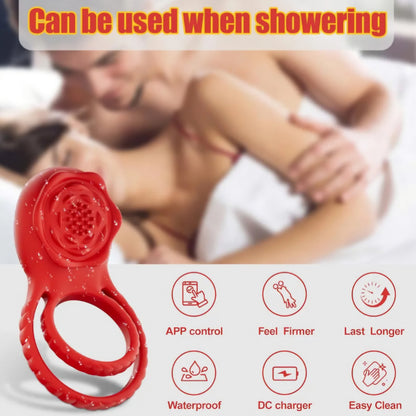 Vibrating Cock Ring Penis Sleeve with Rose Sex Toys, APP Control Penis Ring Vibrator Couples Adult Sex Toys for Men Women, 9 Vibrations Clitoris Vibrator AMA