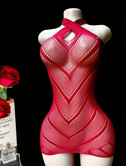 Crimson Sheer Fishnet Halter Mini Dress – Geometric Mesh Babydoll for Themed Parties & Performance Lingerie (One Size)