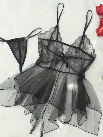 Midnight Bloom Sheer Lace Babydoll – Tiered Mesh Camisole Nightgown with Matching Thong. Size L.