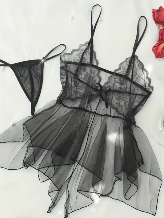 Midnight Bloom Sheer Lace Babydoll – Tiered Mesh Camisole Nightgown with Matching Thong. Size L.