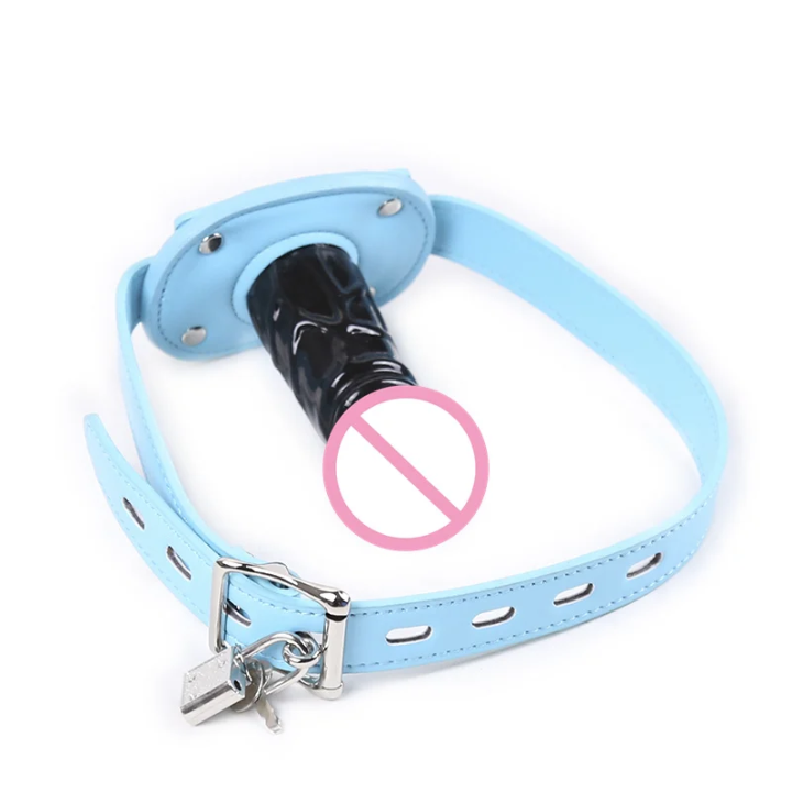 Premium Adjustable Leather Strap Gag Mouth Gag Penis with 3.9" (10cm) Phallic Silicone Gag — Lockable BDSM Restraint Harness (Black)