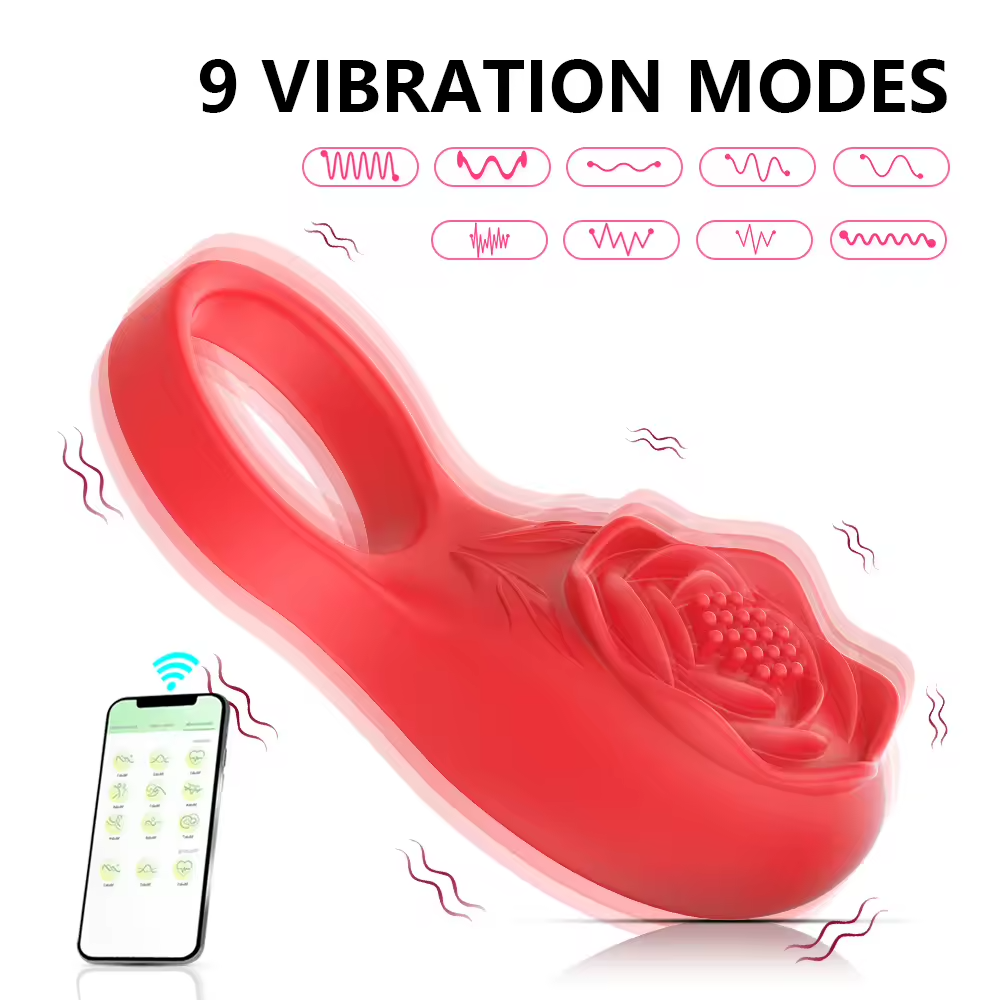 Rose-Shaped App-Controlled Vibrating Cock Ring Penis Ring with Clitoral Massager