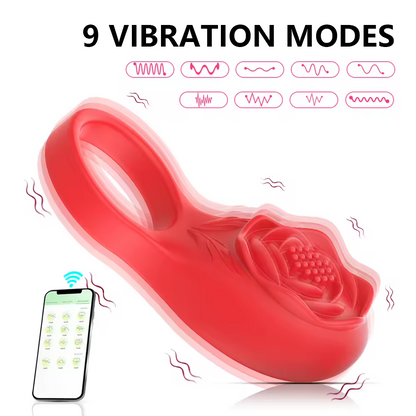 Rose-Shaped App-Controlled Vibrating Cock Ring Penis Ring with Clitoral Massager