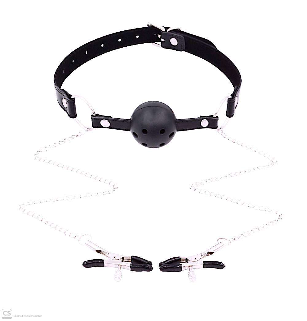 2-in-1 Leather Ball Gag & Nipple Clamps Set – Premium Adult Restraints