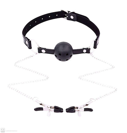 2-in-1 Leather Ball Gag & Nipple Clamps Set – Premium Adult Restraints