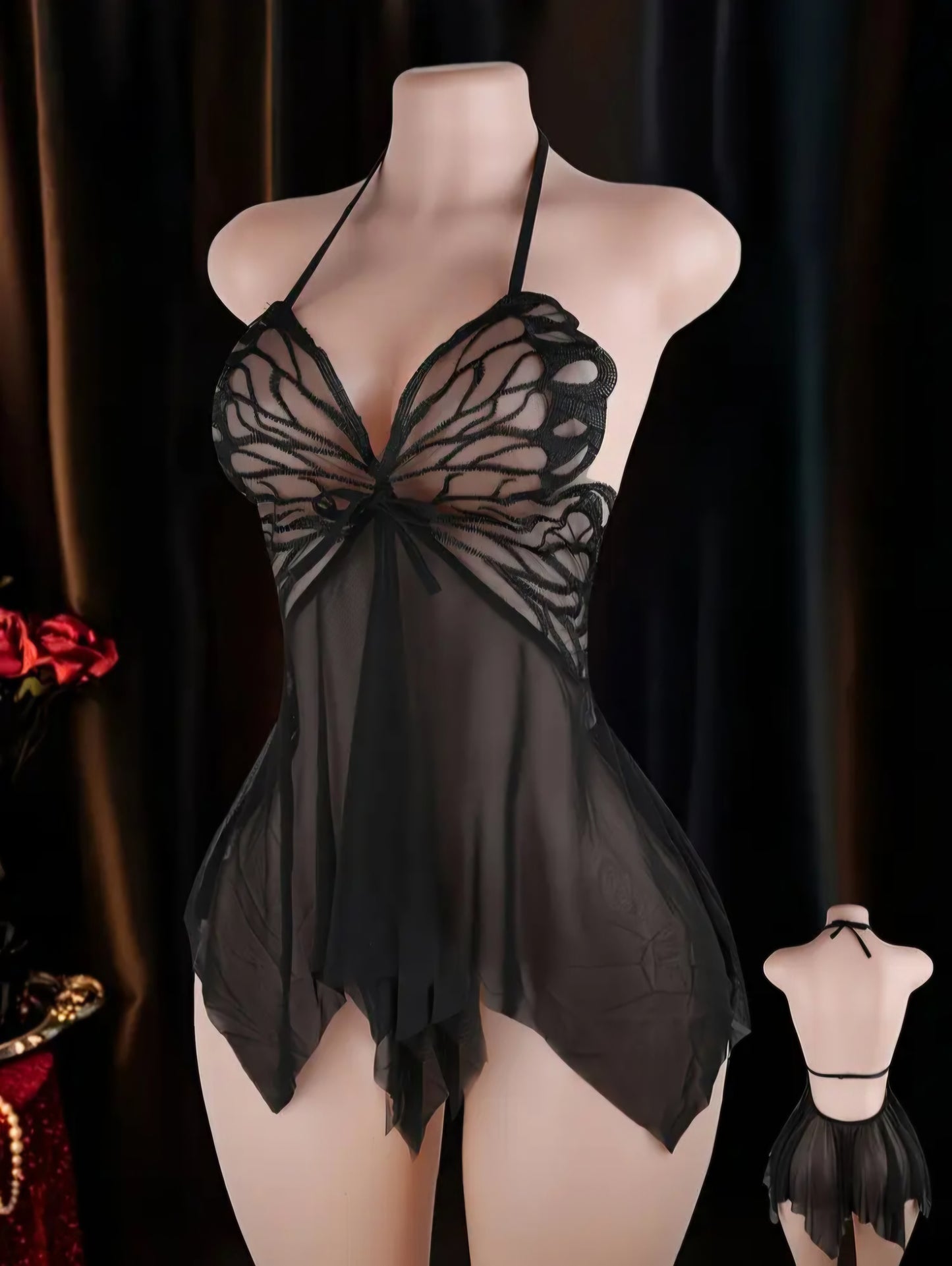 Black Butterfly Lace Babydoll Lingerie Cami Dress – Backless & Irregular Hem (Size S) AMA
