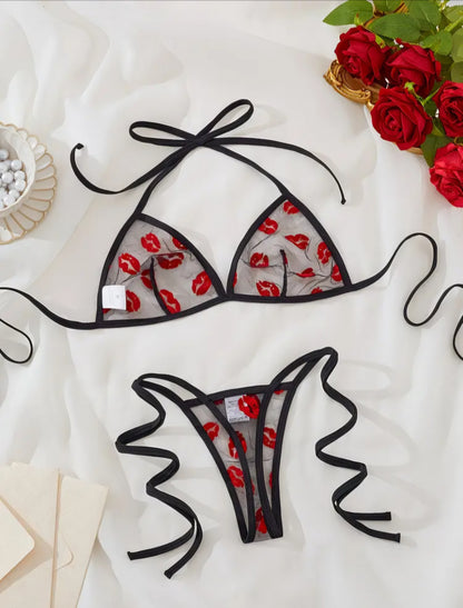 2-Piece Sheer Mesh Lingerie Set - Red Lips Print Halter Bra & Strappy Thong Set, Size L