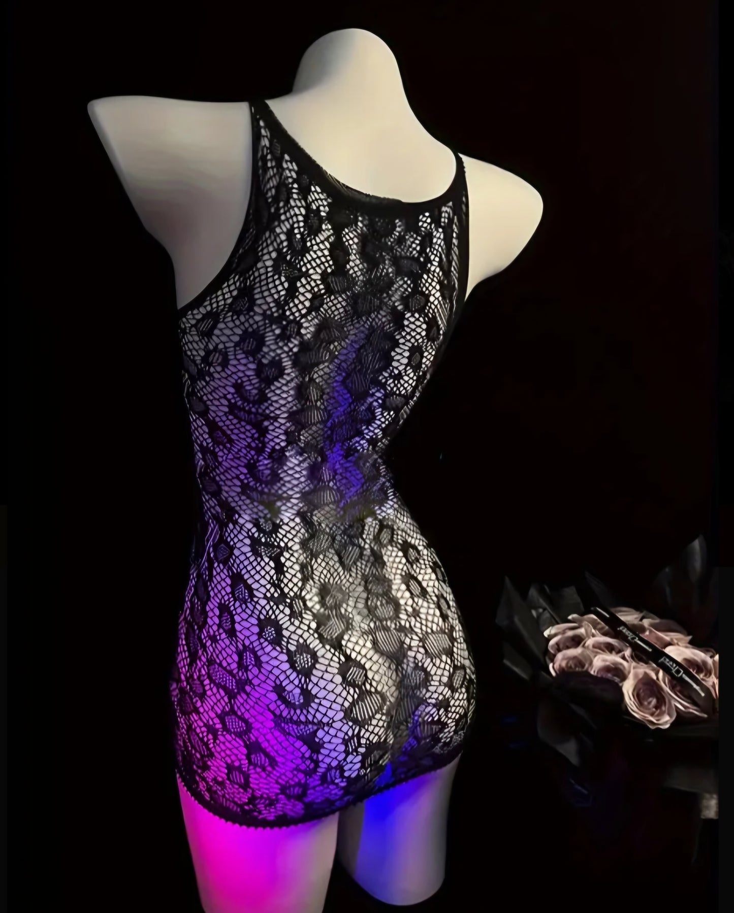 Gothic Glamour Keyhole Fishnet Mini Dress – Sheer Lace Bodycon Lingerie/Cover up. One Size