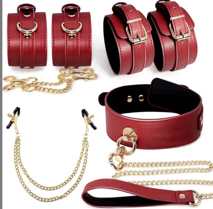 BDSM Sex Bondage Restraint Kit – Adjustable Leather Handcuffs, Thigh Cuffs, Collar with Nipple Clamps & Chains – Comfortable SM Gear Gifts for Women Couples Beginners
