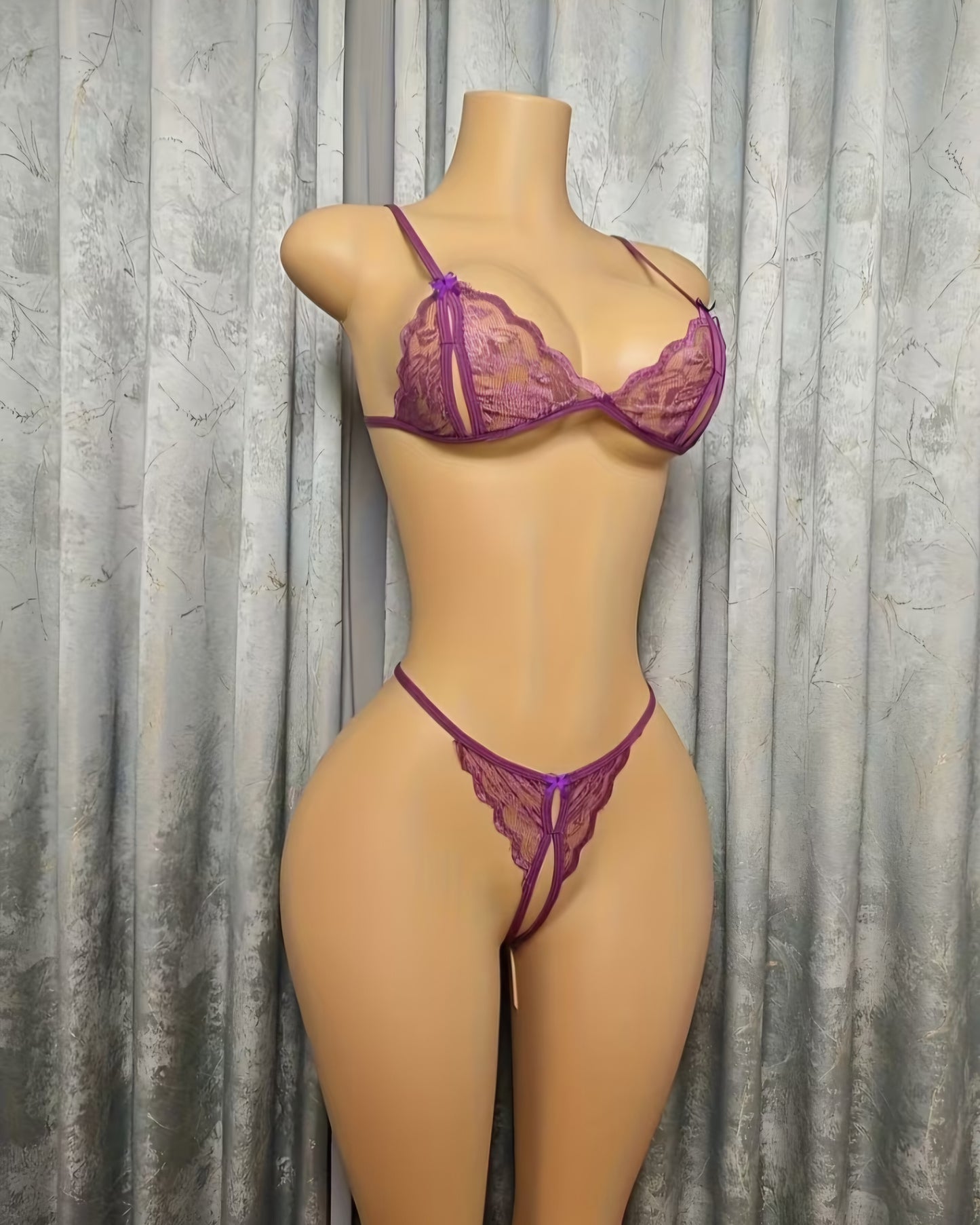 Sultry Purple Floral Lace Lingerie Set – Sheer Cut-Out Bralette & Matching High-Leg Strappy Thong -One Size AMA