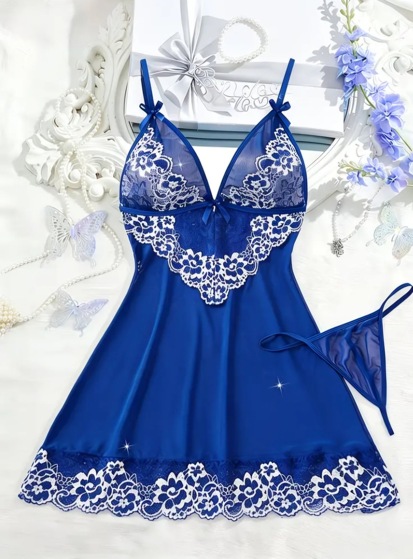 Royal Blue Lace Nightdress Set – Size M AMA