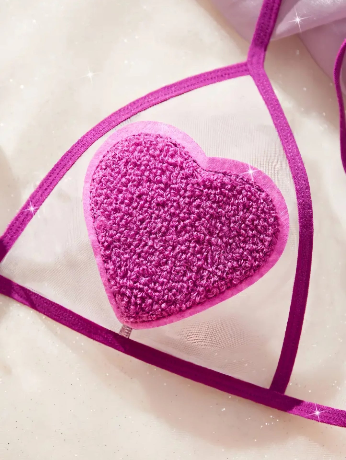 Deep Purple Heart-Appliqué Lingerie Set – Sheer Mesh Bralette & Chain-Linked Thong. Size L