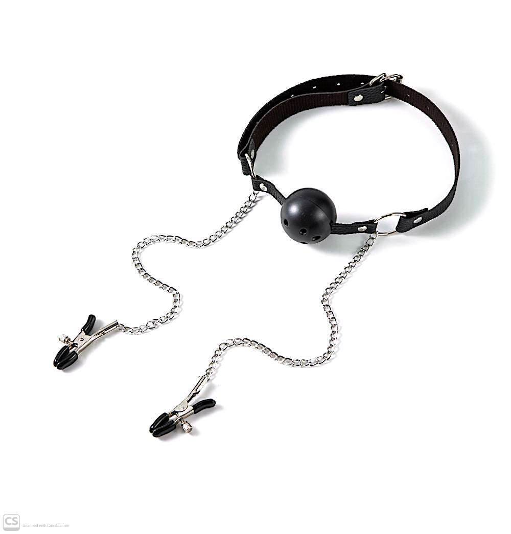 2-in-1 Leather Ball Gag & Nipple Clamps Set – Premium Adult Restraints