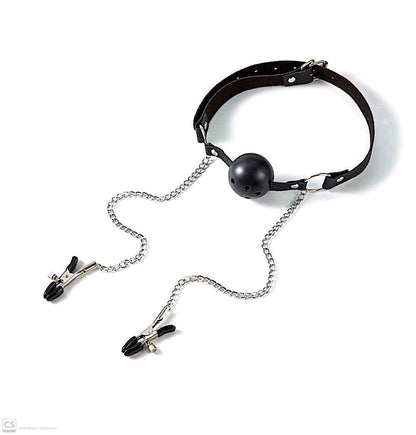 2-in-1 Leather Ball Gag & Nipple Clamps Set – Premium Adult Restraints