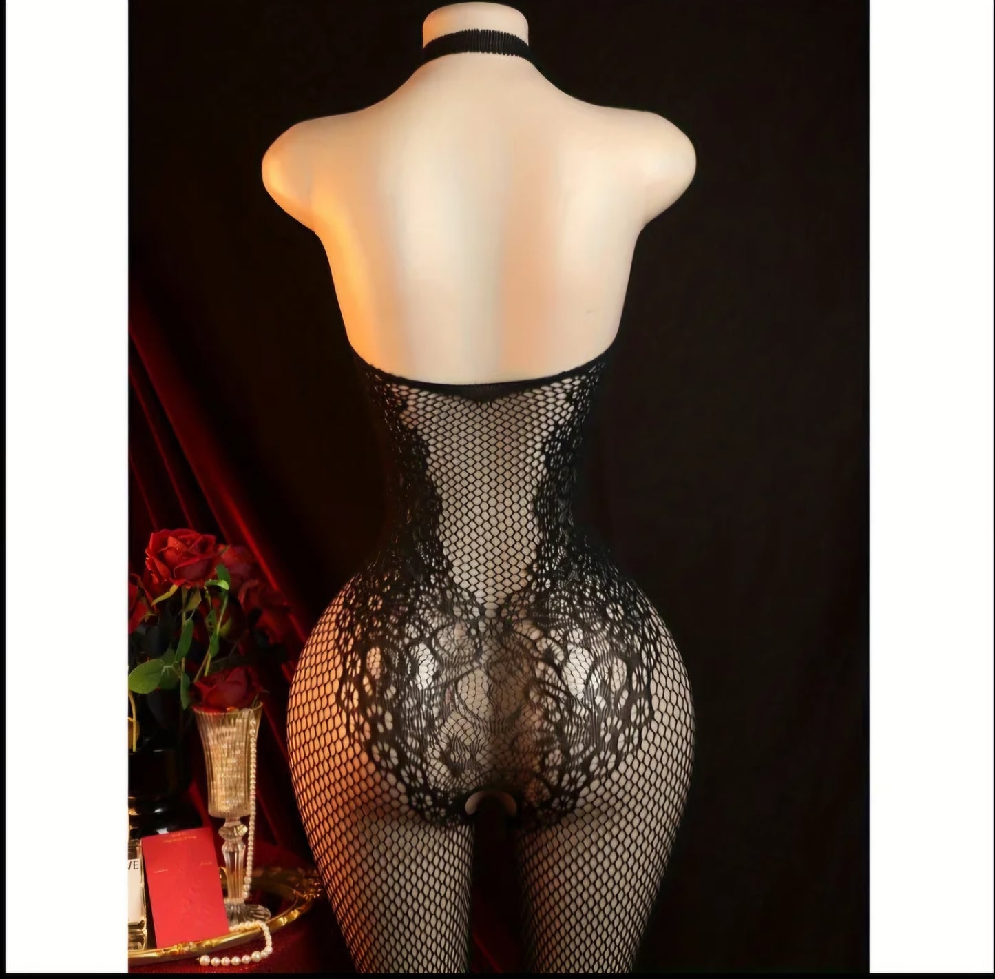Sexy Halter Neck Floral Bodystocking – Black. One Size.