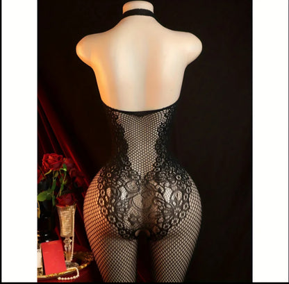 Sexy Halter Neck Floral Bodystocking – Black. One Size.