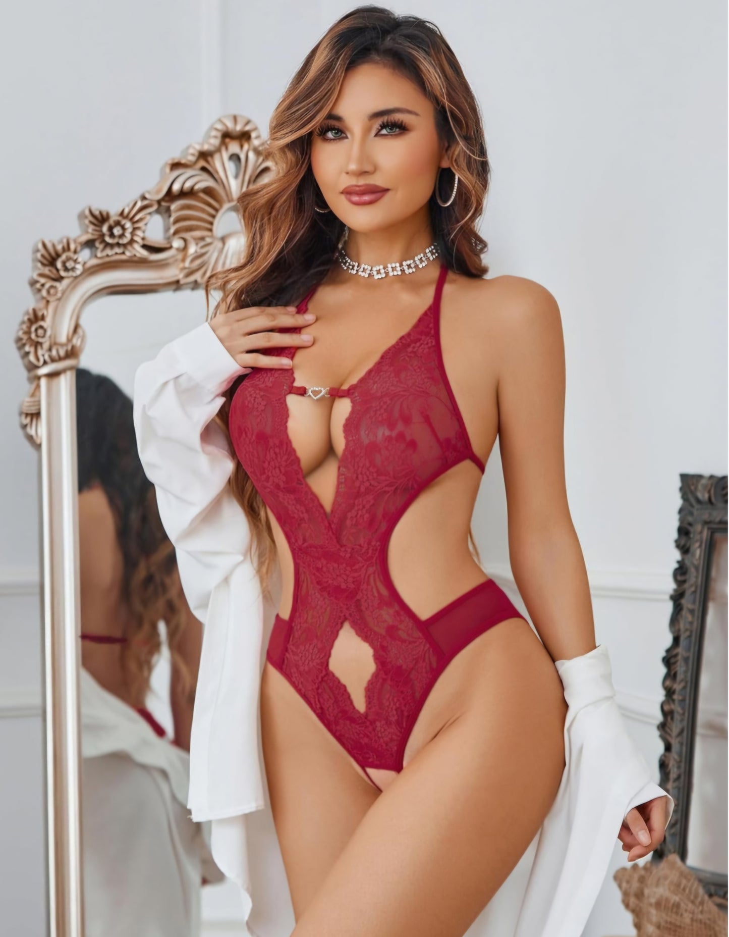 Avidlove Lingerie for Women Lace Sexy Bodysuit One Piece Teddy Babydoll Sleepwear Dee-V Neck Chemise Nightgowns Size M AMA