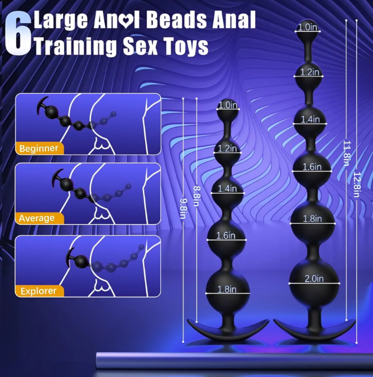 Large Anal Beads Anal Sex Toy - 6 Gradient Size for Depth Anal Training, 2" Max Diameter & 12.8" Long, Flexible Silicone Butt Plug & Prostate Massager Sex Toy for Men, Couples SF