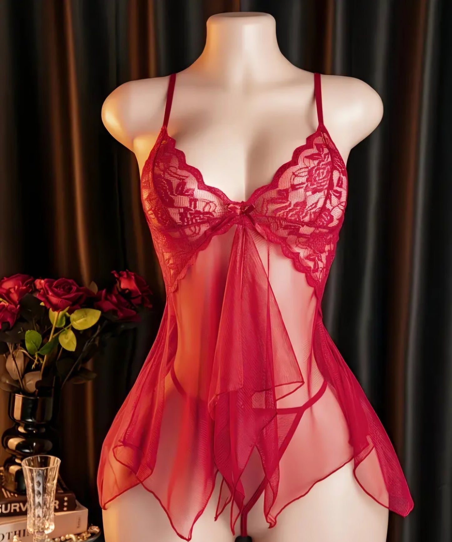 Elegant Red Floral Lace Babydoll Lingerie Set – Sheer Mesh Flyaway Chemise Nightgown with Matching Thong - One Size AMA