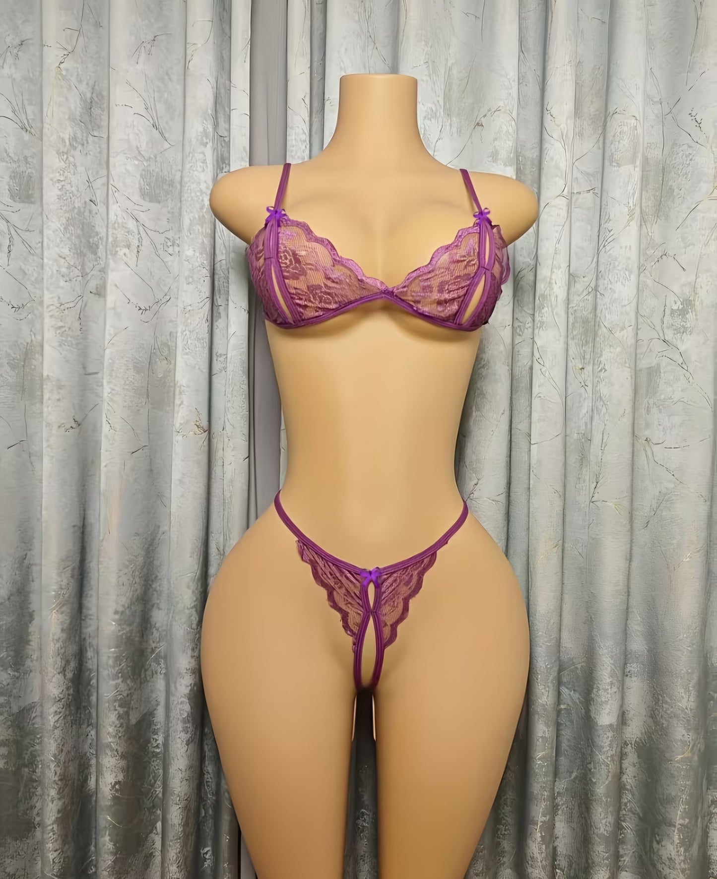 Sultry Purple Floral Lace Lingerie Set – Sheer Cut-Out Bralette & Matching High-Leg Strappy Thong -One Size AMA